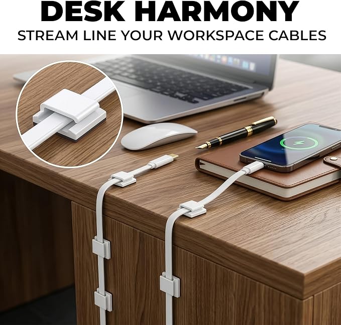 100 Pcs Adhesive Cable Clips for Wall and Desk - Self Adhesive Cord Holder and Cable Management Clips for USB, HDMI and Charging Cords, Led Light Strip Clips for Home Office, Car, RV, and Nightstand