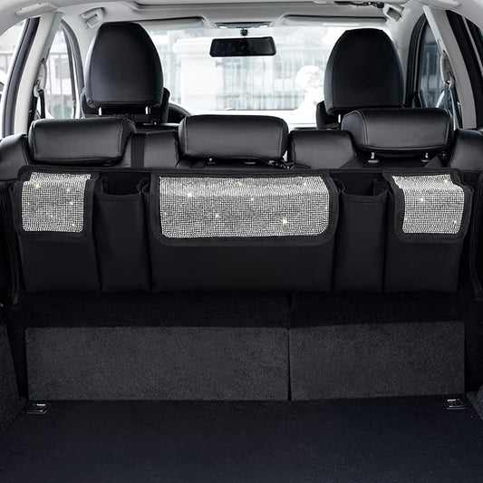 eing Car Trunk Organizer and Storage, Backseat Hanging Organizer for SUV, Truck, MPV, Waterproof, Collapsible Cargo Storage Bag with 5 Pockets, Bling Car Interior Accessories for Women,White