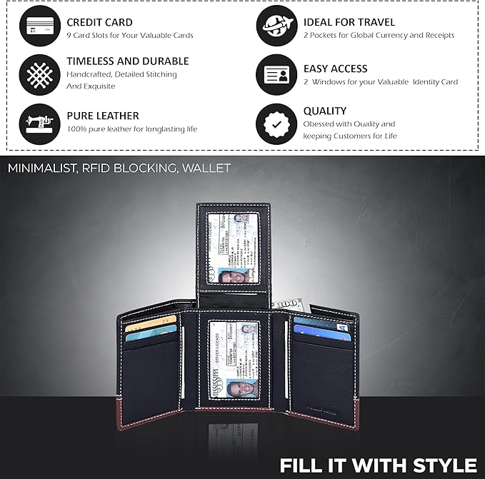 Real Leather Mens Trifold Wallet RFID Blocking Slim Minimalist Front Pocket - Thin & Stylish with ID Window in Gift Box