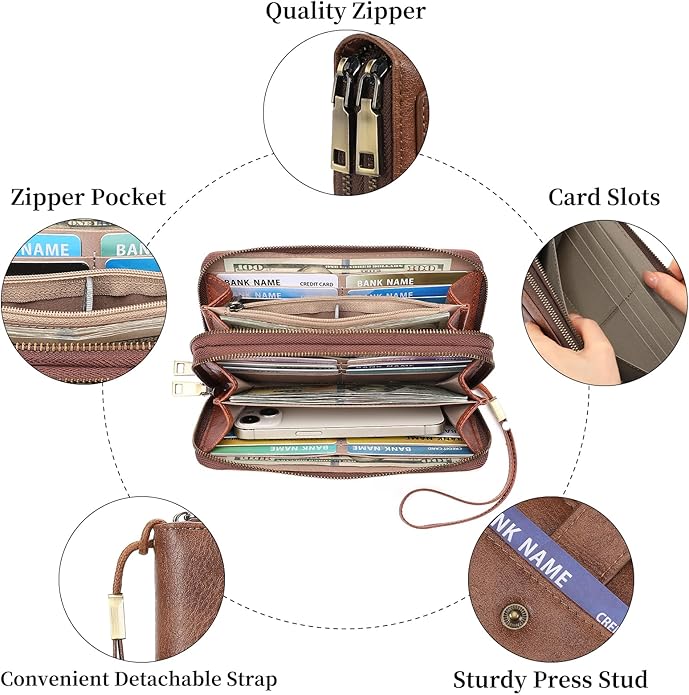 GAEKEAO Womens Wallet Large Capacity Double Zipper Ladies Card Phone Holder RFID Blocking Leather Clutch Wristlet Grip Strap