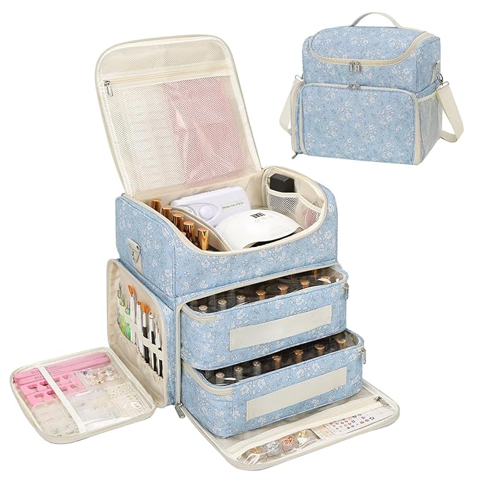 CUBETASTIC Extra Large Nail Polish Organizer Case Holds 86 to 100+ Bottles Nail Polish & Nail Lamp, Nail Supplies Storage Carrying Bag with 2 Removable Pouches, White Floral in Blue