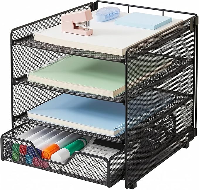 OPNICE Desk Organizers and Accessories, 4-Tier Desktop File Organizer with Drawer, Office Desk Accessories & Workspace Organizers for Office, Home Supplies(Black)