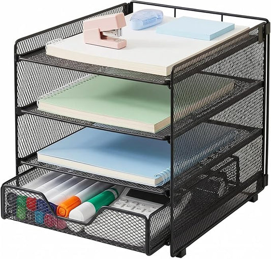OPNICE Desk Organizers and Accessories, 4-Tier Desktop File Organizer with Drawer, Office Desk Accessories & Workspace Organizers for Office, Home Supplies(Black)