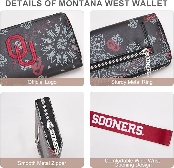 Oklahoma Sooners Wristlet Purse Licensed, OU Team Clutch Wallet with RFID Blocking Card Slot, Zipper Purse for Fan Gifts, Game Day, Travel Essentials | Black, NC-OU011BK