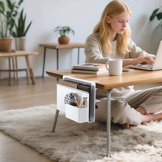 Desk Side Storage, Metal Laptop Holder with Magnetic Pen Box, Clamp-On Under Desk Organizer with Cooling Holes & Anti-Scratch Pads for Office and Home (White)