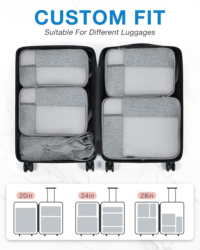 BAGSMART Compression Packing Cubes for Travel, Durable Travel Cubes for Carry-On Suitcase, 6 Set Cuise Ship Travel Essentials (1L+3M+1S+Shoe Bag), Grey