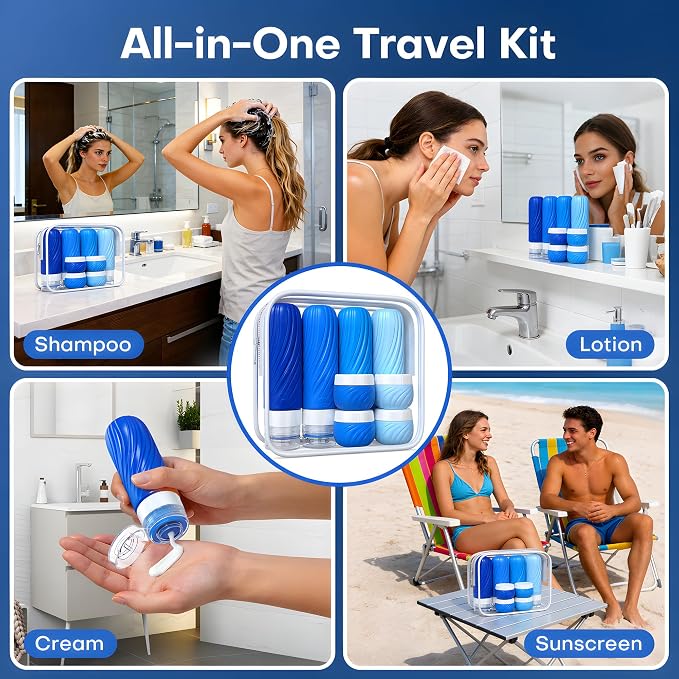 Travel Bottles for Toiletries 8 Pack: TSA Approved 3oz Leak Proof Containers - Silicone Squeezable Bottles for Shampoo Lotion - Travel Essentials for Women Men with Clear Bag