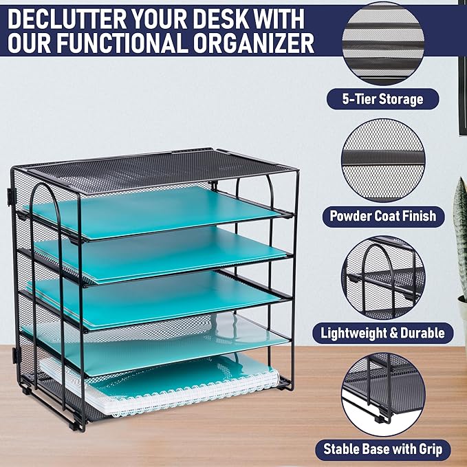 Desk Organizer Tray, Letter Tray in Black Metal Mesh for Organizing Files, Papers, Bills, Folders, Letters, and Binders. Desktop Paper Rack for Home, Office, or School (5 Tier - New)