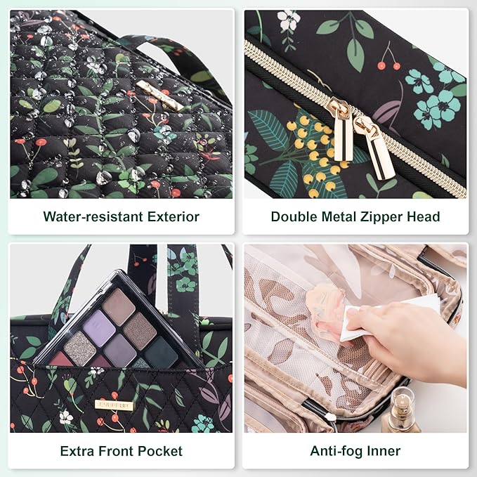 Everfun Hanging Toiletry Bag for Travel, Mothers Day Gift for Mom, 12x9x4.5 inch Large Capacity Cosmetic Organizer with Leakproof Wet/Dry Compartment, Waterproof Dopp Kit for Women Black Leaves