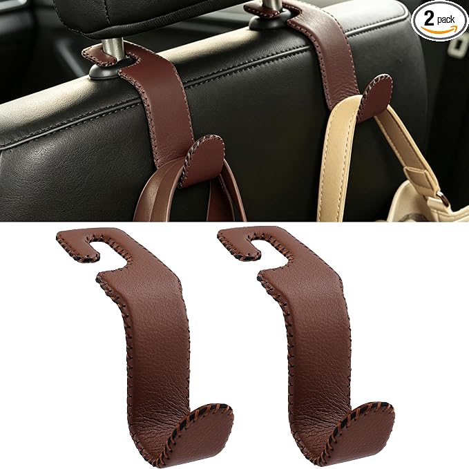 Amooca Car Seat Headrest Hook, Universal Vehicle Storage Hanger, Leather with Metal Car Seat Back Organizer for Handbag, Purse, Coat, Ergonomic Design, Brown 2 Pack