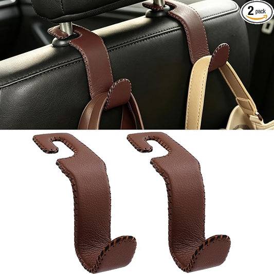 Amooca Car Seat Headrest Hook, Universal Vehicle Storage Hanger, Leather with Metal Car Seat Back Organizer for Handbag, Purse, Coat, Ergonomic Design, Brown 2 Pack