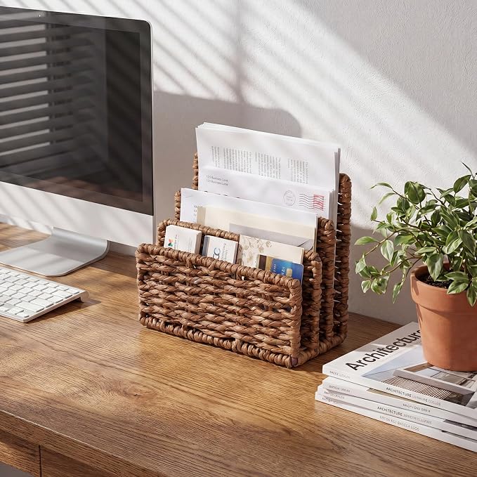 Paper Rattan Mail Organizer for Desk Mail Holder Countertop with 3 Slot Paper Rattan Letter Sorter File Holder Envelope Book Stand Farmhouse Office Desk Organizer and Storage Accessories
