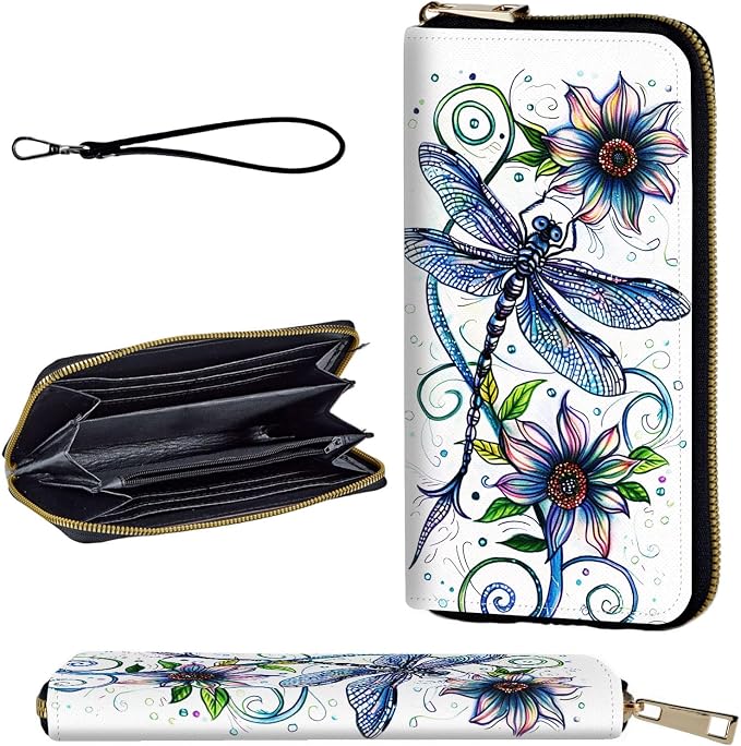 Wallet,Leather Long Wallet Suitable For Ladies And Teenagers - Detachable Wristband + RFID Travel Wallet With Card Slot - Dragonfly with Flowers