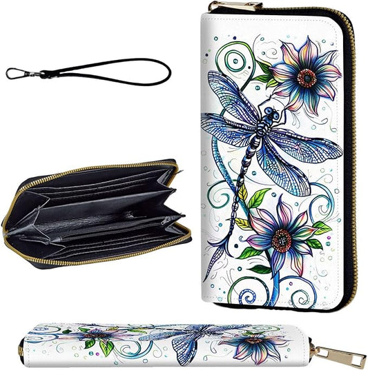 Wallet,Leather Long Wallet Suitable For Ladies And Teenagers - Detachable Wristband + RFID Travel Wallet With Card Slot - Dragonfly with Flowers