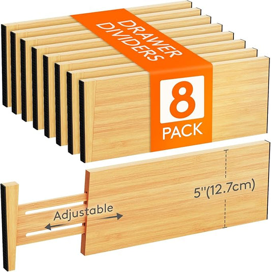 Lifewit 5" High 8 Pack Bamboo Drawer Dividers 33-42cm/13-16.5" Adjustable Wooden Drawer Organizer for Clothes/Utensils, Expandable Drawer Separator for Dresser/Kitchen/Bedroom/Office Organization