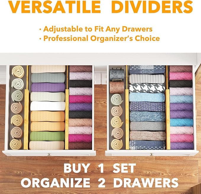 SpaceAid Bamboo 4 Pack Dresser Drawer Dividers, 4.65??High Adjustable 12.5??17??Drawer Organizers, Expandable Organization for Clothing, Clothes, Dressers, Natural