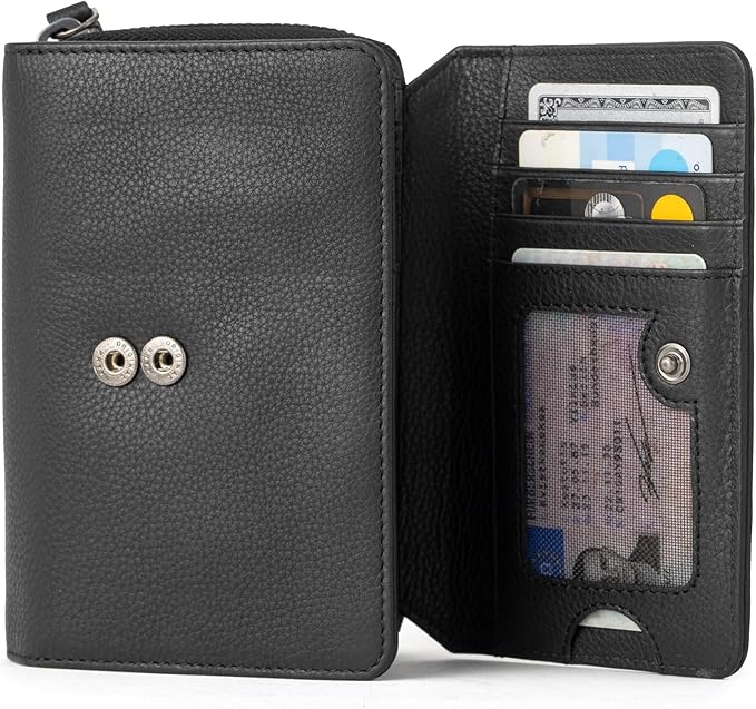 BERLINER BAGS Premium Genuine Leather Wallet Vienna, RFID Blocking Credit Card Holder, Trifold Clutch Purses, Zip Around Womens Wallet for 19 cards, ID window, Bills, Coins - Black