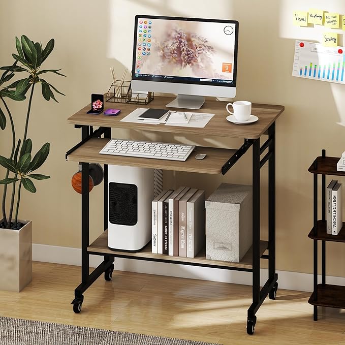 Tangkula Rolling Computer Desk Cart with Keyboard Tray, Mobile Portable Laptop PC Desk with CPU Stand & 3 Hooks for Sofa & Bed, Compact Small Desk on Wheels for Small Spaces (Grey)