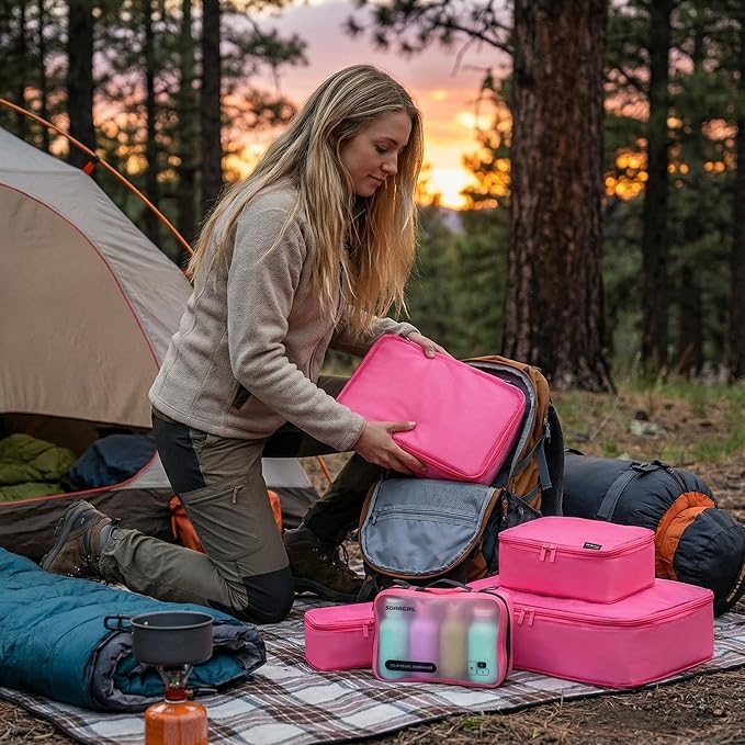 6 Set Compression Packing Cubes for 7–14 Day Travel, Rose Red | Nylon Oxford Fabric, Full Breathable Mesh, Reinforced Double-Zipper, Small to Large Size Bag, Expandable Packing System