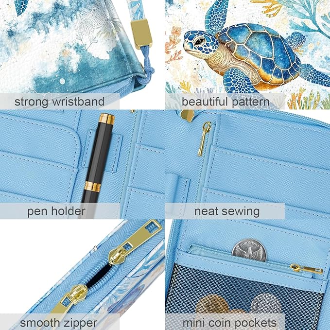 Family Passport Holder Wallet RFID Blocking Document Organizer PU Leather Mulit-purpose Travel Wallet Credit Cards Case for Women Men, Turtle