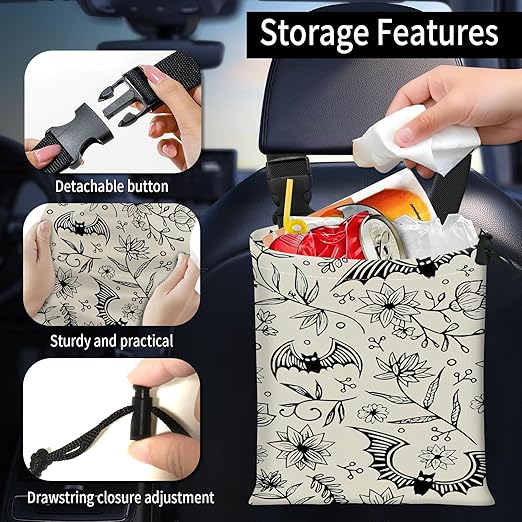 Car Trash Bag Large Hanging Can for Back of Seat, Cute Waterproof Car Garbage Bag for Vehicle, Travelling, Outdoor Cute Bat