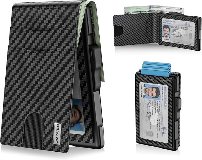 umoven Wallet for Men - Pop Up Case, Cash Slot, and Credit Card Slot - Slim Aluminum Wallet with RFID Blocking, Minimalist Leather Wallet Front Pocket with ID Window (Carbon Fiber)