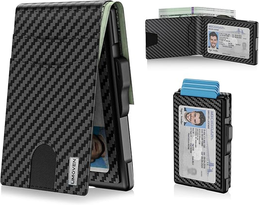 umoven Wallet for Men - Pop Up Case, Cash Slot, and Credit Card Slot - Slim Aluminum Wallet with RFID Blocking, Minimalist Leather Wallet Front Pocket with ID Window (Carbon Fiber)
