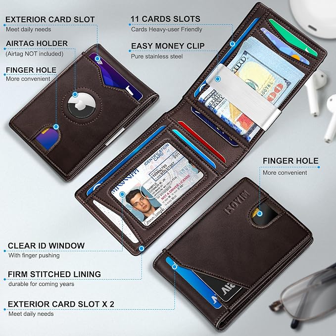 miyozi Airtag Wallet for Men,with Money Clip 11 Cards Slim Front Pocket Leather RFID Blocking Wallet with Gift Box