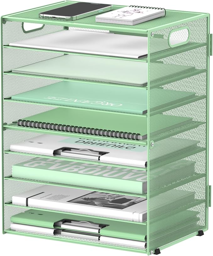 DALTACK 9-Tier Paper Organizer for Desk, Mesh Letter Tray Desk Organizer with Handles, Space-Saving File Organizer for Office Home School Classroom, Mint Green