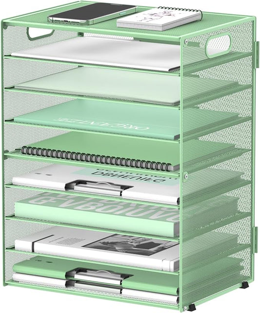 DALTACK 9-Tier Paper Organizer for Desk, Mesh Letter Tray Desk Organizer with Handles, Space-Saving File Organizer for Office Home School Classroom, Mint Green