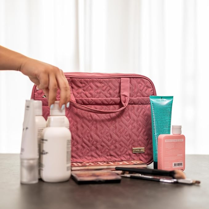 Carrywell Toiletry Travel Bag For Women with Hanging Hook, Makeup Organizer Case, Water-Resistant Cosmetic Bag For Full-size Containers, Toiletries, Pink Large, Not Made In China