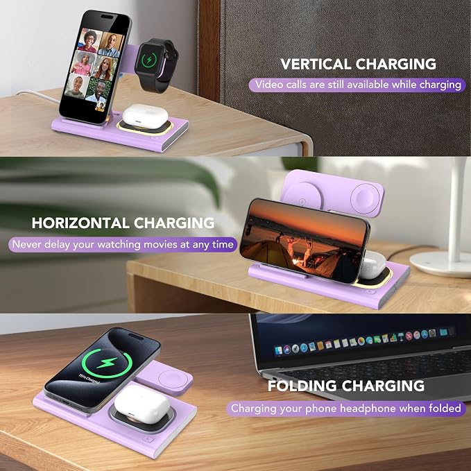 3 in 1 Charging Station for iPhone 17 - Wireless Charger for Apple Devices for iPhone 17 16 15 14 13 12 11 Pro Max - Foldable Wireless Charging Station Dock Stand for Apple Watch Series & AirPods