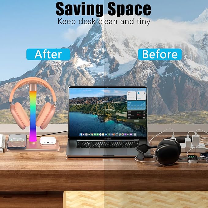 Headphone Stand with Wireless Charger,Gaming Headset stand with RGB Light Mode,For Airpod Max Stand Compatible with Airpod Pro/3/2,For iPhone 17/16/15/14/13/12/11,Gifts for Gamers & Music Lover (Gold)
