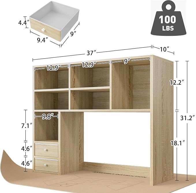 REIBII Desktop Bookshelf, High-Capacity Desk Hutch Organizer with 7 Shelves and 2 Drawers, Adjustable Bookshelf Storage, Desk Shelf for Top of Desk, Desk Hutch Dorm, Natural