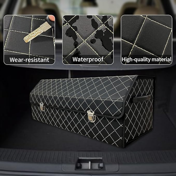 Car Trunk Organizer with Lid,Foldable Faux Leather Cargo Storage Box,3 Compartments,Collapsible Multi-Functional for SUV,Sedan,Vehicle Trunk