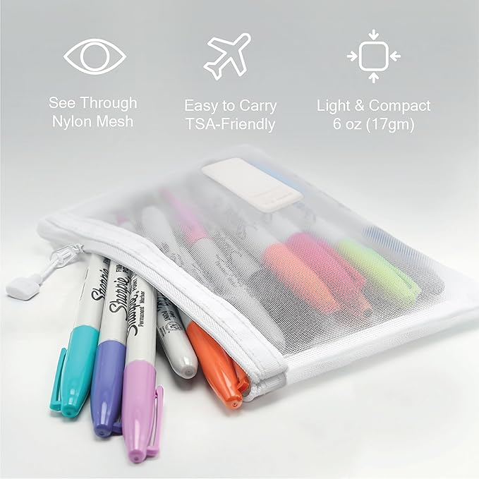 Set & Done Onama Flexi Mesh Zipper Pouch – Durable Clear Nylon Storage Bag with Name Tab for Makeup, Travel, Diaper Bag & Office Organizing