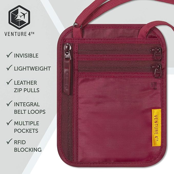 VENTURE 4TH RFID Blocking Travel Neck Wallet - Security Neck Pouch Passport Holder with Nylon Lining (Red)