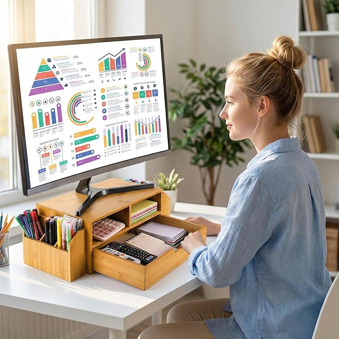 Hiceeden 2 Tier Bamboo Desktop Organizer, Desk Monitor Stand Riser with 1 Drawer and 2 Pen Holder, 2 Compartment Computer Desk Storage Organizer for Laptop, Printer