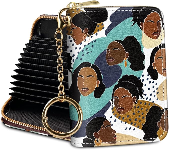 Credit Card Holder RFID Wallet, Small Card Holder Wallet for Women with Keychain Zipper, Funny Leather Print Credit Card Wallets Accordion Gift