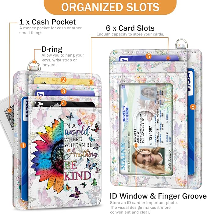 Yonlevres Be Kind Credit Card Holder Slim Wallet, RFID Wallet Women Front Pocket Wristlet Lanyard, Small Card Holder Travel Funny Cute Thin Card Case ID Window PU Leather Card Organizer Gifts Girls