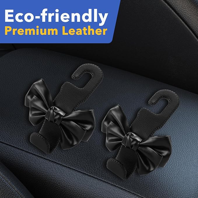 Car Seat Headrest Hooks, Leather Cute Bow Vehicle Hooks for Purses and Bags, Automotive Purse Hook Hanger Interior Decoration Accessories, Universal for SUV, Sedan, Truck (Black, 2 Pack)