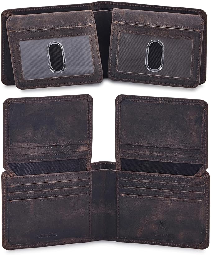 Cochoa Wallet for Men Bifold Leather RFID Blocking High Capacity Slim Card Case with 2 ID Window for Gift (Crazy Horse, Coffee)