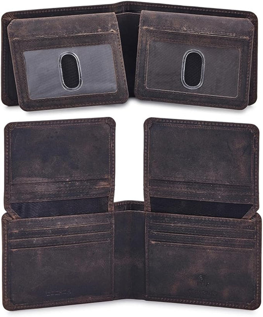 Cochoa Wallet for Men Bifold Leather RFID Blocking High Capacity Slim Card Case with 2 ID Window for Gift (Crazy Horse, Coffee)