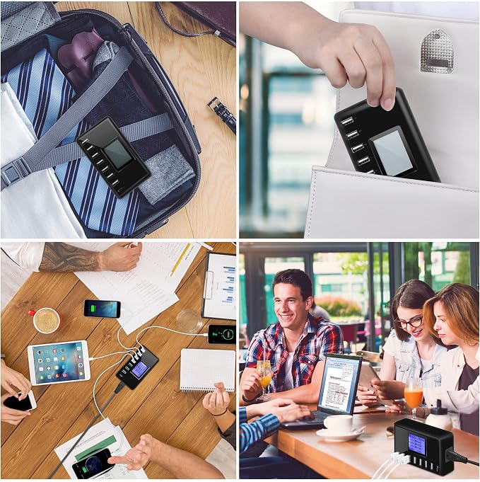 60W 12A 8-Port USB Charging Station - Multi Port USB Hub Charger - Compact Size LCD Display - Compatible with iPhone iPad Samsung Kindle Tablet Bluetooth Earbuds and More