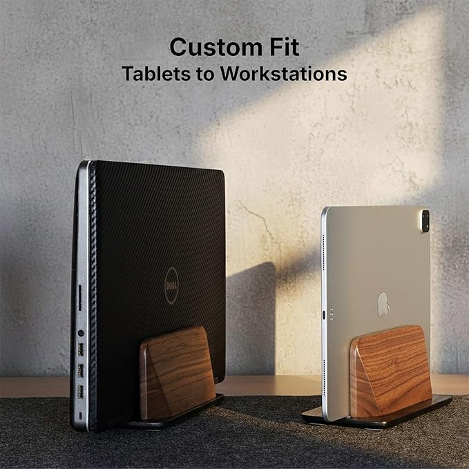 Vertical Laptop Stand, Solid Black Walnut Body & Black-Finished Ash Wood Base, Wood Laptop Holder Vertical for Desk - Adjustable Dock (0.47"-1.57" Width) Fits Most Laptops, MacBooks