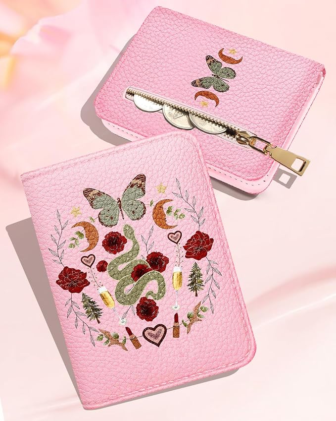 Bistup Credit Card Holder Wallet for Women Cute Leather Ladies Teen Girls Female Cardholder Wallets Accordion Purse Small Medium Aesthetic Merch Print Butterfly Moon Unique Modern Rfid Zipper Around