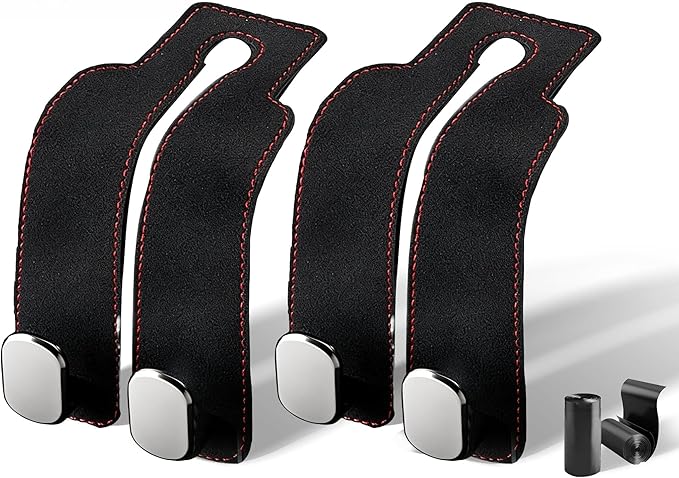 vidonio 2 Pack Double Car Seat Hooks for Headrest, Rotatable Purse Holder for Car, Premium Leather Car Hooks for Purses and Bags, Headrest Hooks and Storage Accessories (Black
