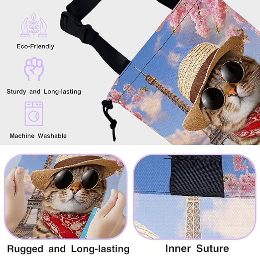 Car Trash Bag Funny Cat and Eiffel Tower Car Garbage Bag Waterproof Car Trash Can for Back Seat with Adjustable Straps and Drawstring, Foldable Car Trash Bin for Car Accessories
