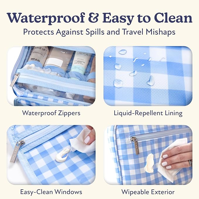 VANDEL Waterproof Hanging Toiletry Bag [TSA-Approved] Hanging Makeup Organizer Bag, Cosmetic Travel Bags for Women, Makeup Case Toiletries Organizer Hygiene Bathroom Shower Caddy - Blue Gingham