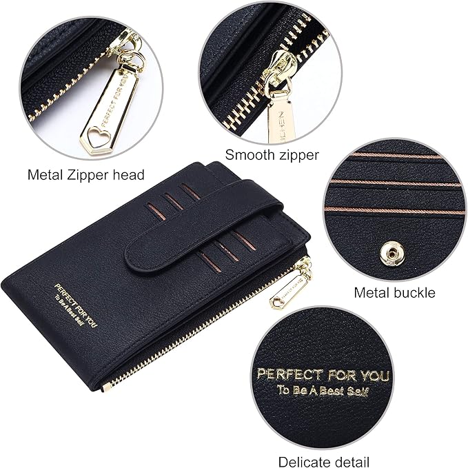 Badiya Slim Women Wallet RFID Blocking Bifold Compact 9 Card Slots Holder Wallets Soft Leather with Zipper Coin Pocket 2 ID Window